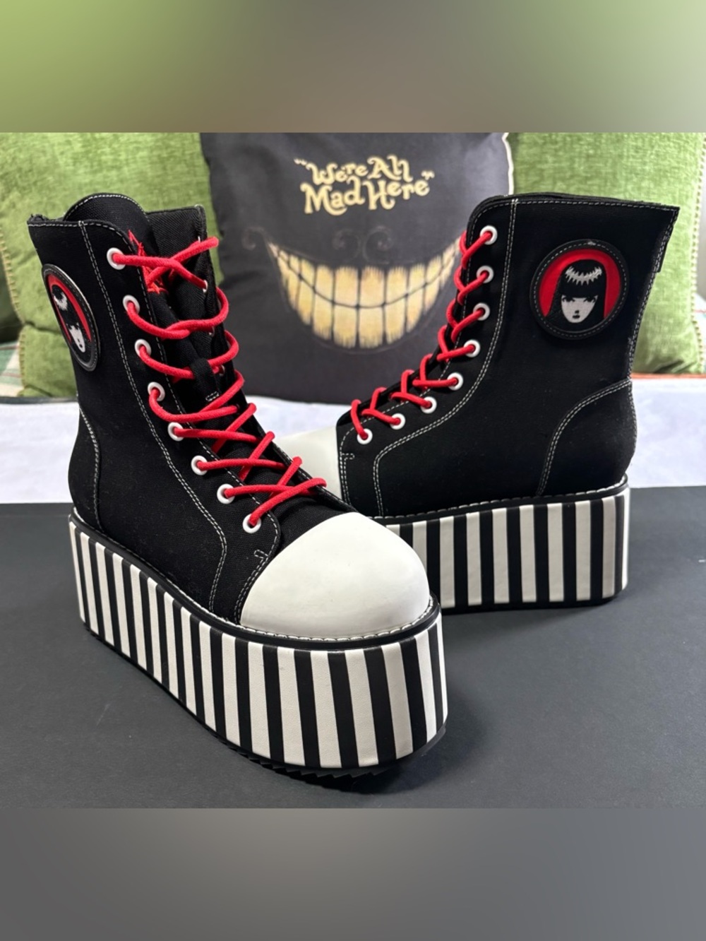 YRU x Emily the Strange Stripe Platform Boots Goth Punk 7M
